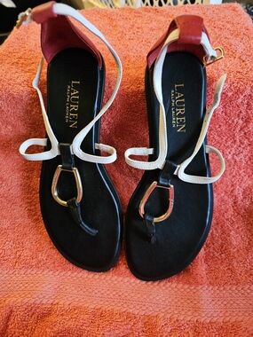 Lauren Ralph Lauren Nanine Leather Sandals White and Black Leather T-Strap NWOT